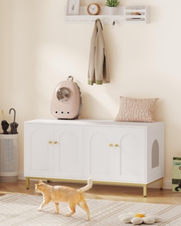 Katzenschrank fr 2 Katzen, 119cm Versteckte Katzentoilettenm?bel, H?lzernes Haustierhaus, Aufbewahrungsschrankbank, Passend fr die Meisten Katzentoilettenk?, Wei? und Gold