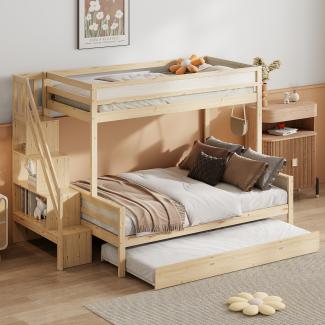 Merax Etagenbett Massivholzbett 90x200cm/140x200cm mit Ausziehbett 90x190cm, holzfarbe