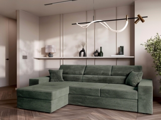 AX LIVING Belek Ecksofa mit Schlaffunktion in Olivgrün Cord 272 cm