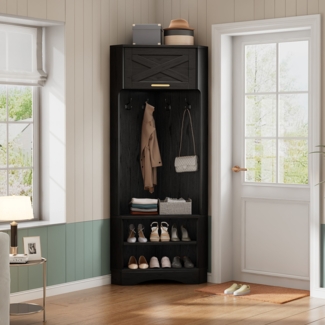 Merax Garderoben-Set Moderner Garderobenschrank, Flurgarderobe, 4 hängenden Haken Schwarz