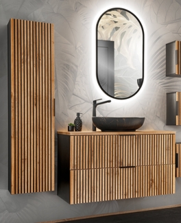 Badezimmer Set mit Waschtisch 100 cm, Aufsatzwaschbecken XANTEN-56 in anthrazit mit Eiche Nb. schwarz gerillt, B/H/T: ca. 150/200/46,5 cm