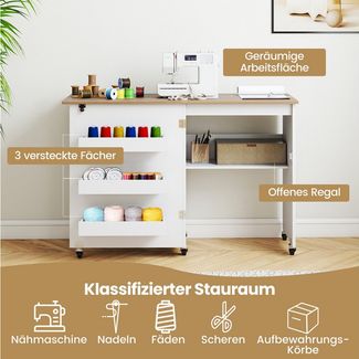 COSTWAY Schreibtisch, Nähtisch klappbar, Nähschrank mit Rollen, Holz
