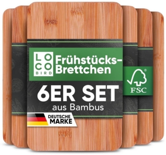 Loco Bird Frühstücksbrett 6er Set - 22 x 14cm, Bambus, (Antibakterielles Frühstücksbrett aus Holz, 6-St, Brettchen), Holzbrettchen für die Küche