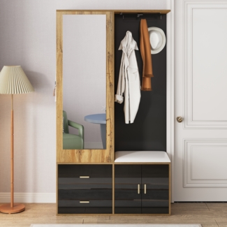 Garderoben-Set, Multifunktionaler Garderobenschrank mit Spiegel, Schuhschrank, Schuhbank