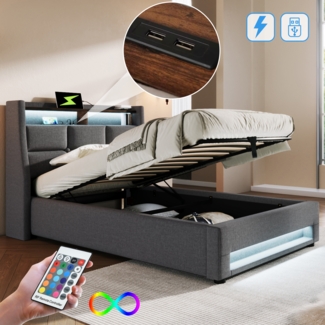 Polsterbett 90x200 cm mit LED-Beleuchtung & USB-Anschluss,Vintage-Leinenoptik,Stauraum unter dem Lattenrost,Grau