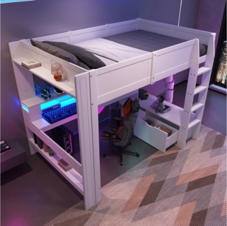 Ulife Hochbett Kinderbett Jugendbett Gaming Bett mit LED-Beleuchtung, Schreibtisch (Ohne Matratze) Schublade, Regale, 140x200 cm
