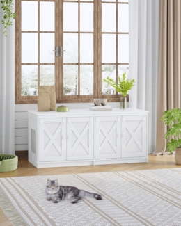 Katzenschrank, Katzenklo Schrank für 2 Katzen, Versteckter Katzentoilettenschrank, Katzenhaus für den Innenbereich, Bauernhausstil, 119 x 48 x 53,5 cm, Weiß