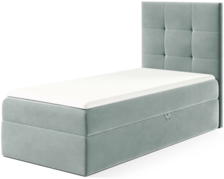 MEBLINI Kinderbett mit Bettkasten MINO 2 100x200 Rechts – H3/Blaugrau Samt Gepolstert Einzelbett mit Matratze - Polsterbett mit Stauraum - Bett mit Kopfteil – Stauraumbett