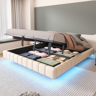 Merax Polsterbett 180x200 cm, Hydraulischer Schwebebettrahmen mit Stauraum, Multifunktionales Polsterbett ohne Kopfteil mit LED-Licht, Leinen Beige