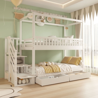 Merax Etagenbett Kinderbett, 90*200 cm, Massivholz-Doppelbett, Hausform, Sicherheitsgeländer-Design, Mit Staufach und Sicherheitsleiter, Weiß