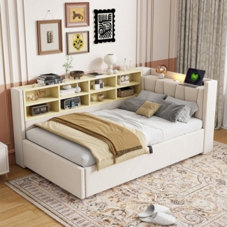 Celya Polsterbett Schlafsofa 90*200 cm, Mit Hydraulischem Stauraum (Multifunktionsbett, Samtstoff, Mit Nachtlicht, USB- und Typ-C-Ladeanschluss), Mit Ablagen und Staufächern, Gepolstertes Kopfteil