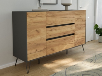 Magnolia Home Sideboard Sideboard Kommode Lovo 155cm Greifraum 3 SoftClose 2 Türen Grafit/Eich