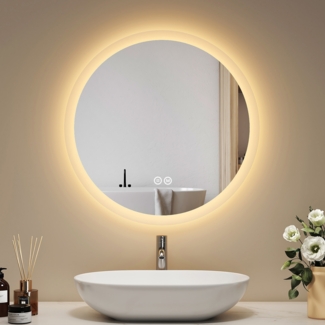 EMKE Badspiegel mit Beleuchtung Rund Badezimmerspiegel ф50cm, 3 Lichtfarbe, Touch-Schalter, Beschlagfrei, Speicherfunktion