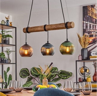 hofstein Pendelleuchte Hängelampe aus Metall/Holz/Riffelglas, Schwarz/Natur/Kupfer/Blau/Grün, ohne Leuchtmittel, Hängeleuchte Boho mit Glasschirmen, Holzbalken, max 150 cm, 3 x E27