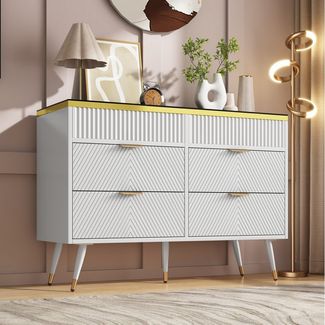 Flieks Kommode, Schrank Sideboard mit orangen Glasplatte und 6 Schubladen 120x40x76cm