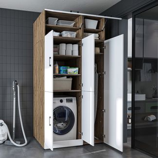 Roomart Waschmaschinenschrank - SERIE DORA-2- 115 cm breit – Waschturm für Waschmaschine & Trockner mit Regalböden – Überbauschrank für Waschküche & Hauswirtschaftsraum – mit Aufsatzschrank - 1x Regalböden - Weiß Eiche