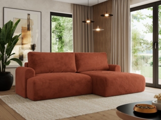L-förmiges Ecksofa mit losen Kissen und Armlehnen für das Wohnzimmer, Ecksofa mit Schlaffunktion, Bettkästen - TONO - Orange Plüschstoff - rechte Seite