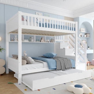 TavilaEcon Etagenbett mit Kleiderschrank & Stauraum, hochwertiges Kiefernholz & LVL-Material, mit Ausziehbett