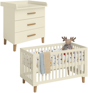 Bellabino 'Liri' Babyzimmer Set aus Babybett 70x140 cm und Wickelkommode, beige, 3-fach höhenverstellbares Kinderbett (umbaubar in Juniorbett), Wickeltisch mit abnehmbarem Wickelaufsatz