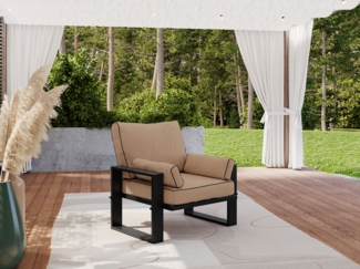 Gartensessel mit Armlehnen, Sessel auf schwarzen Metallbeinen, Rückenkissen - ELBA S1 - beige