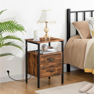 Hoobro Nachttisch Beistelltisch mit Ladestation (Sofatisch mit 2 Schubladen, Couchtisch mit USB-Anschlüssen), für Wohnzimmer, Schlafzimmer, 40 x 40 x 61 cm