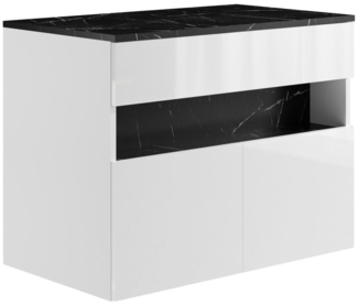Vente-unique - Waschbeckenunterschrank hängend mit Aufsatzplatte - mit LED-Beleuchtung - Weiß & Schwarz - Marmor-Optik - 80 cm - POZEGA