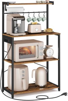 VASAGLE Standregal mit 4 Ebenen, Küchenregal mit Ladestation, 8 Haken, 40 x 80 x 140 cm, braun-schwarz