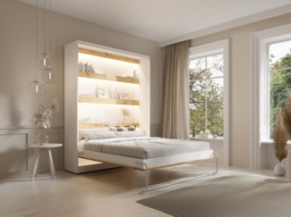 Vente-unique - Schrankbett - 160 x 200 cm - Manuelle vertikale Öffnung - Mit LED-Beleuchtung - Weiß & Holzfarben - RAPILI