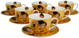 DUO ART GALLERY 6er-Set Tassen 220 ml THE KISS ECRU mit Untertassen, New Bone China Porzellan