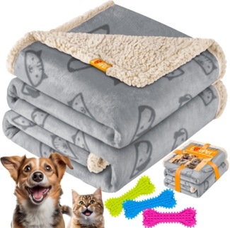 LOVPET® wasserdichte Hundedecke, Sherpa Fleece Haustier Decke + 3x Spielzeugknochen, maschinenwaschbar, beidseitiger Sofabezug-Schutz Grau, M (101 x 73 cm)