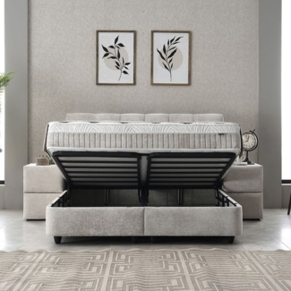 abc bedding Boxspringbett Boxspringbett Komfortbett LUCIA im stilvollen braun beige Stoffdesign (Bett mit Topper, 3-St, inkl. Matratze und Topper), Voll-orthopädisches Schlafsystem inklusive Bettkasten