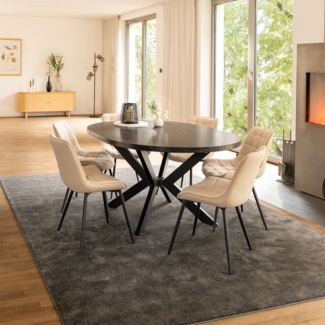 HOME DELUXE Essgruppe Rund Ausziehbar AVENTURA inkl. Sternfuß - 120-160 x 120 cm Dark Oak 6 Stühle Creme