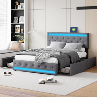 Doppelbett mit LED-Beleuchtung und Schubladen, 140x190cm Grau Leinen