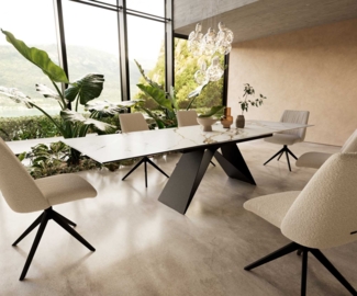 Esstisch Edge 200-300x100 Keramik Calacatta Luxe Weiß-Gold-Grau V-Gestell Flachstahl Schwarz ausziehbar