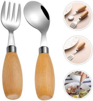 1 Set Babygeschirr, bestehend aus einer Gabel mit Holzgriff und einem gebogenen Löffel