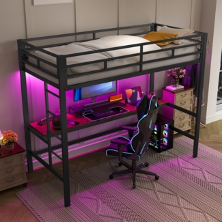 Merax Hochbett, 90*200 cm, Geländer, Trittleiter, Tisch mit USB und Steckdose, Wire Control Light Strip, App-fähiges ferngesteuertes Umgebungslicht, Metall, Schwarz