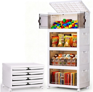 BlingBin Aufbewahrungsbox Stapelbox Stapelbare Aufbewahrungsbox mit Deckel,Schrank Organizer (Faltbare Aufbewahrungsbox mit Rollen und Magnettür, 1 St, 4-Schicht Stapelbare Kunststoffbox mit Doppeltür und Deckel), Kunststoff-Aufbewahrung für Kleidung, ...