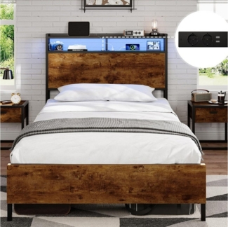 MSMASK Bett Bett mit LED Beleuchtung, Metallbett mit Steckdose, Braun, mit USB-Ladefunktion