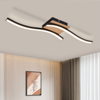 ZMH LED Deckenleuchte Wohnzimmer Holz Schwarz Wellenförmig Modern Deckenlampe Warmweiß, 1280lm, LED fest integriert, 3000K, Augenschutz Küchenlampe für Flur