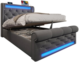 REDOM Polsterbett Hydraulisches Bett mit Samtbezug (Funktionsbett, 1-tlg, 90x200cm, ohne Matratze), mit USB- und Typ-C-Anschlüssen, LED-Leuchten