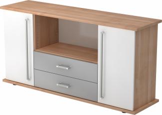 bümö Sideboard Nussbaum/Weiß mit Flügeltüren & Regal - Büromöbel Sideboard mit Schubladen Holz 166cm breit, 45cm schmal, Büro Schrank für Flur oder als Wohnzimmer-Kommode mit Chromgriff, SBTS-N-W-CE