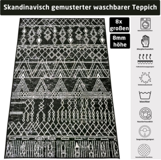 Jungengel Teppich Wohnzimmer Skandinavien Design Schwarz Flach Waschbar Läufer Carpet, Rechteckig, Höhe: 8 mm, Flache Oberfläche, 8mm, Fußbodenheizungsgeeignet, Saugroboterkomform