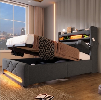 TavilaEcon Boxspringbett Polsterbett mit hydraulischem Stauraum, USB und Typ C-Port, 360-Surround-LED-Funktion, offene Ablageflächen und seitliche Taschen