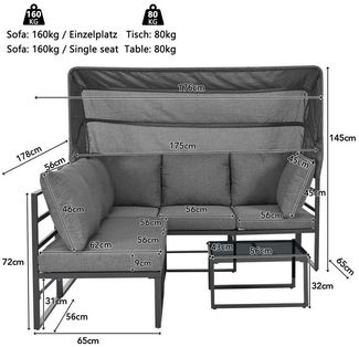 Celya Gartenlounge-Set Gartenloungeset mit Dreisitzer-Sitzbank und Esstisch für 5 Personen, (mit Markise 4er Set Balkon, Terrassenmöbel, Wetterfest Grau, Inkl. aller Kissen), Iron Sunny Island Sitzgruppe Hocker und Tisch