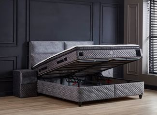 abc bedding Boxspringbett BABYLON Voll-orthopädisches Luxusbett mit Alcantara in Anthrazit (inkl. Matratze & Topper), Funktionsbett mit Bettkasten, inkl. Bettbank & 2 Nachttischen