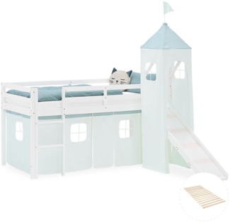 Hochbett Kinder 90x200 cm mit Rutsche Lattenrost Kinderbett Kinderhochbett Stockbett Vorhang Turm Grün Mintgrün