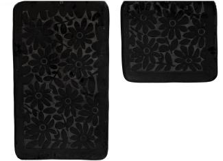 Almina Premium 2 teiliges Bademattenset aus Polyester Rutschfest Waschbar mit Blumenmotiv Schwarz