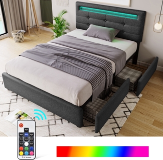 Einzelbett 90 × 200 cm mit LED-Beleuchtung, verstellbarem Kopfteil, 2 Schubladen, Leinenbezug in Grau, modernes Design