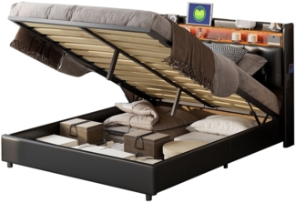FUROKOY Stauraumbett Doppelbett Polsterbett mit Lattenrost und hydraulischen Stützen, 160x200 cm,LED-Beleuchtung,USB+Type C,Schwarz,Kunstleder