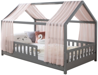 Ticaa Hausbett Kim mit Rausfallschutz aus Kiefer, Kinderbett 140x200, inkl. Tüll-Set, mit Rollrost, mit Matratze